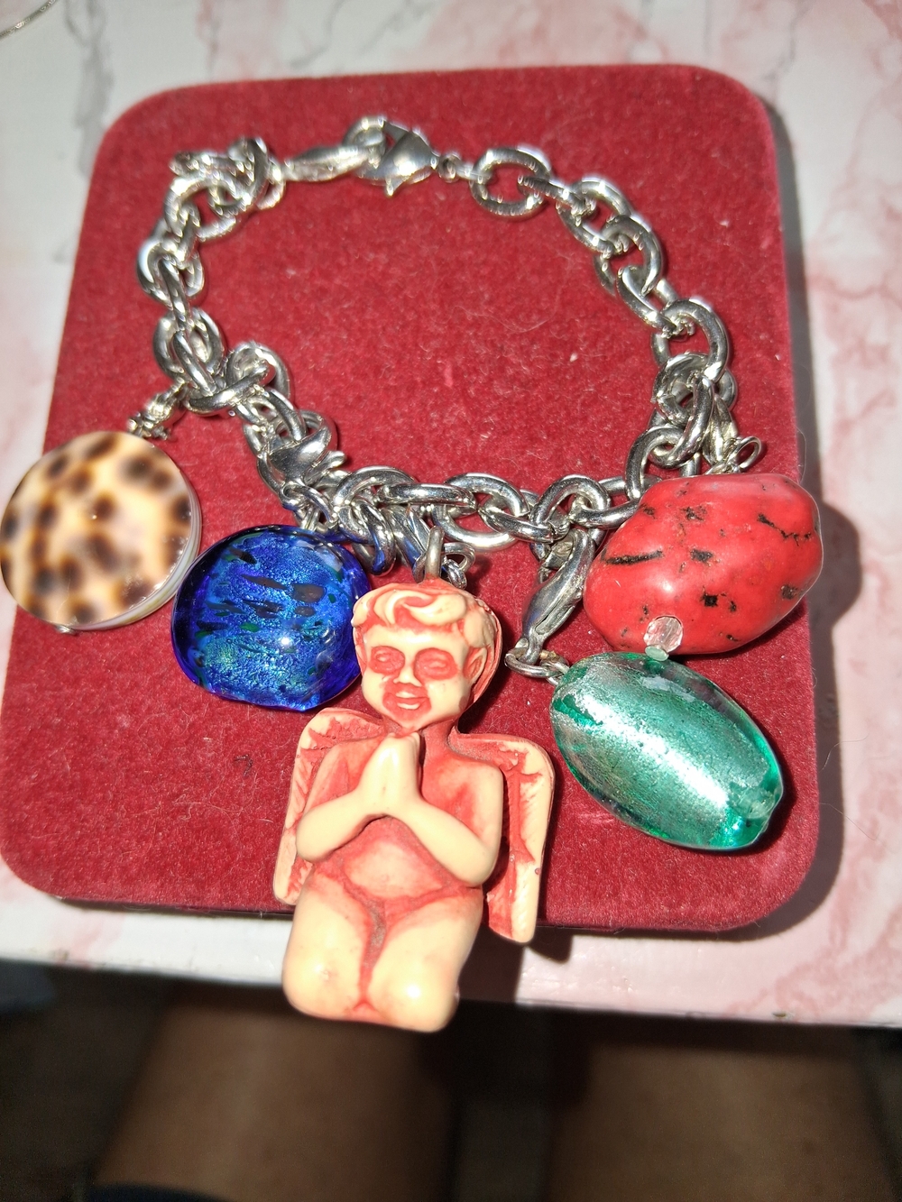 Source Unknown Silver Charm Bracelet with Coral Angel and Multicolored Beads